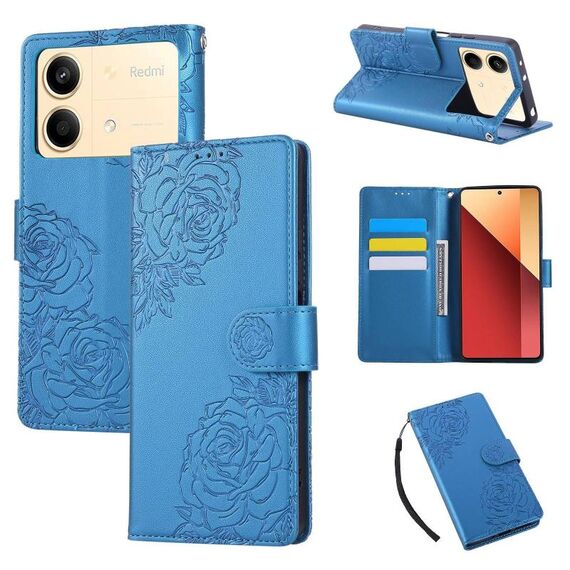 Custodia in pelle con 3 slot per carte di credito e motivo a fiori di rosa per Redmi Note 13R Pro (blu)