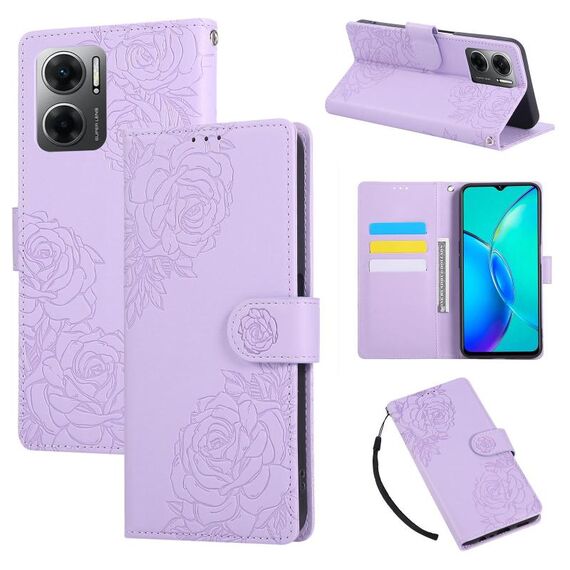 Custodia in pelle con 3 slot per carte di credito e motivo a fiori di rosa per Redmi 10 5G (viola)