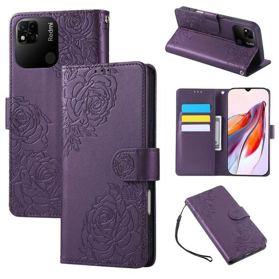 Custodia in pelle con 3 slot per carte di credito e motivo a fiori di rosa per Redmi 10A 4G (viola scuro)