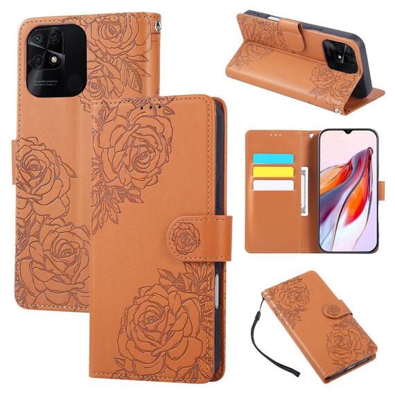 Custodia in pelle con 3 slot per carte di credito e motivo a rose in rilievo per Redmi 10C 4G Global / 10 India (marrone)