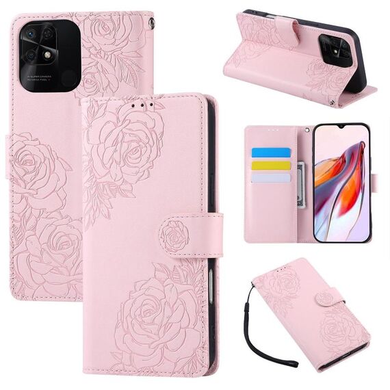 Custodia in pelle con 3 slot per carte di credito e motivo a fiori di rosa per Redmi 10C 4G Global / 10 India (rosa)