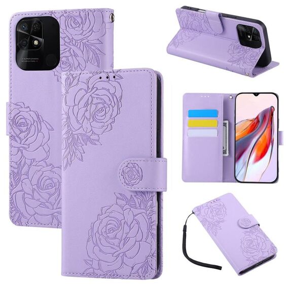 Custodia in pelle con 3 slot per carte di credito e motivo a fiori di rosa in rilievo per Redmi 10C 4G Global / 10 India (viola)