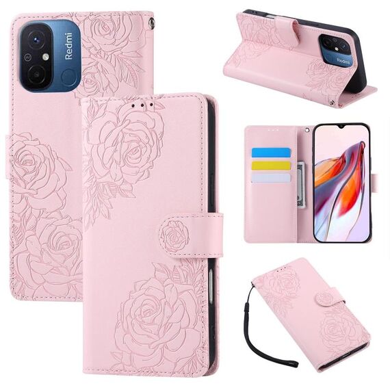 Custodia in pelle con 3 slot per carte di credito e motivo a fiori di rosa per Redmi 11A 4G Global (rosa)
