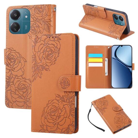 Custodia in pelle con 3 slot per carte di credito e motivo a fiori di rosa per Redmi 13C 4G / 5G / Poco C65 (marrone)