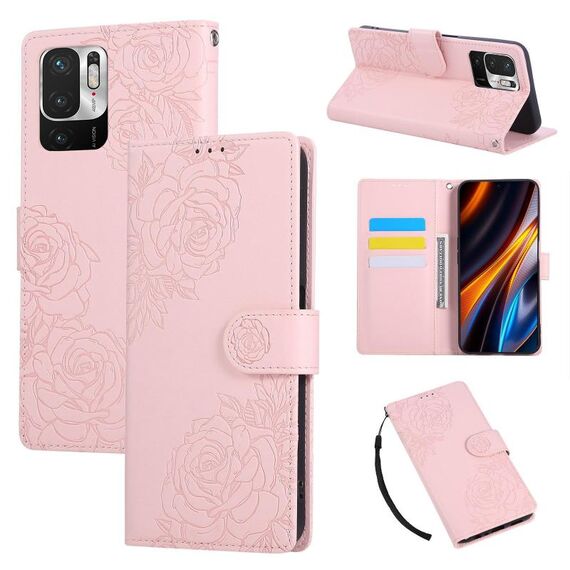 Custodia in pelle con 3 slot per carte di credito e motivo a fiori di rosa per Redmi Note 10 5G / Poco M3 Pro (rosa)