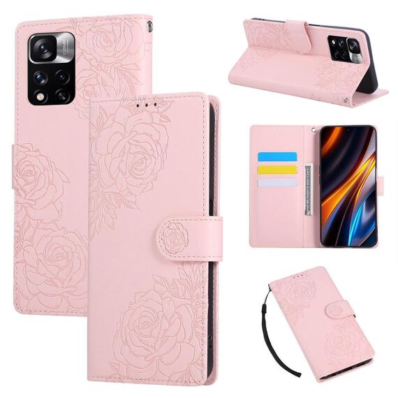 Custodia in pelle con 3 slot per carte di credito e motivo a fiori di rosa per Redmi Note 11 Pro+ (rosa)