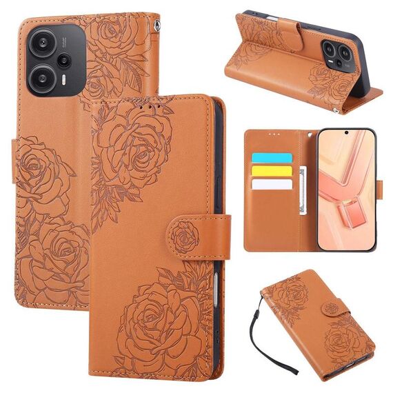 Custodia in pelle con 3 slot per carte di credito e motivo a fiori di rosa per Redmi Note 12 Turbo / Poco F5 (marrone)