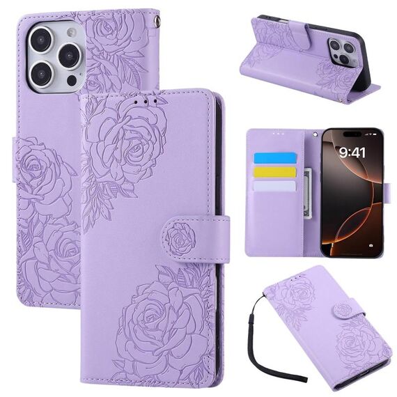 Custodia in pelle con 3 slot per carte di credito e motivo a fiori di rosa per iPhone 16 Pro Max (viola)