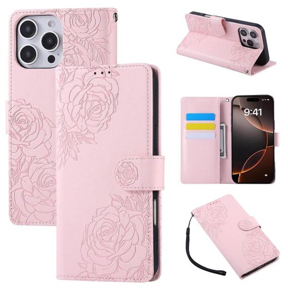 Custodia in pelle con 3 slot per carte e motivo a fiori di rosa per iPhone 16 Pro (rosa)
