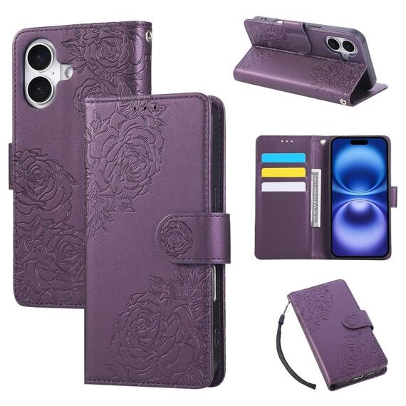 Custodia in pelle con 3 scomparti per carte di credito e motivo a fiori di rosa per iPhone 16 (viola scuro)