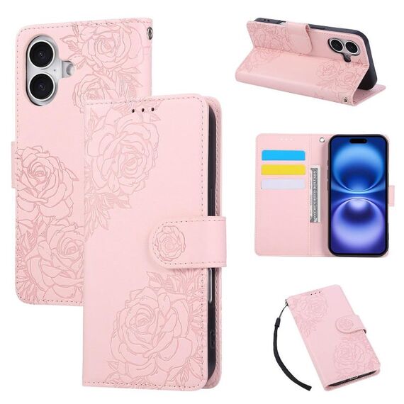 Custodia in pelle con 3 slot per carte di credito e motivo a fiori di rosa per iPhone 16 Plus (rosa)
