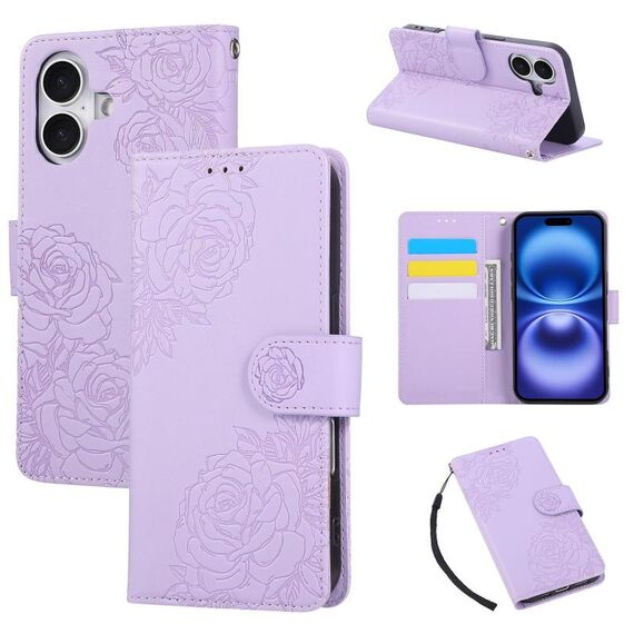 Custodia in pelle con 3 slot per carte di credito e motivo a fiori di rosa per iPhone 16 Plus (viola)