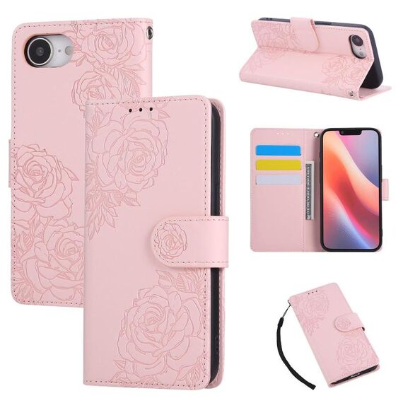 Custodia in pelle con 3 slot per carte di credito e motivo a fiori di rosa per iPhone 16e (rosa)