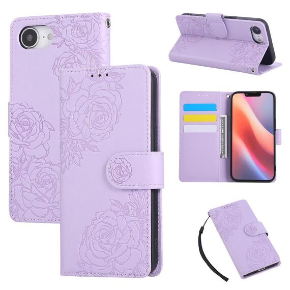 Custodia in pelle con 3 scomparti per carte di credito e motivo a fiori di rosa per iPhone 16e (viola)