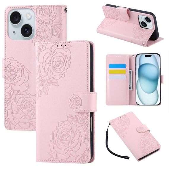 Custodia in pelle con 3 slot per carte e motivo a fiori di rosa per iPhone 15 (rosa)