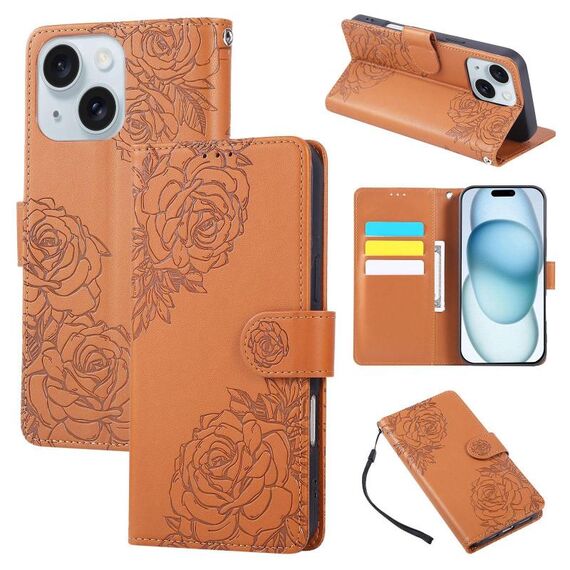 Custodia in pelle con 3 slot per carte di credito e motivo a rose in rilievo per iPhone 15 Plus / 14 Plus (marrone)