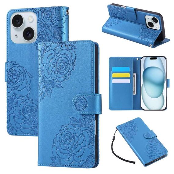 Custodia in pelle con 3 slot per carte di credito e motivo a fiori di rosa per iPhone 15 Plus / 14 Plus (blu)