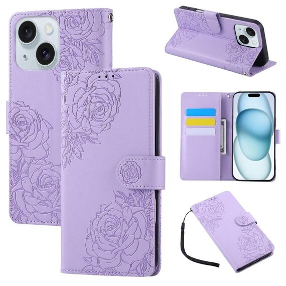 Custodia in pelle con 3 slot per carte di credito e motivo a fiori di rosa per iPhone 15 Plus / 14 Plus (viola)