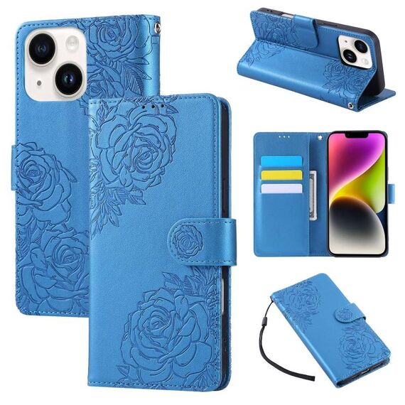 Custodia in pelle con 3 slot per carte di credito e motivo a rose in rilievo per iPhone 14/13 (blu)