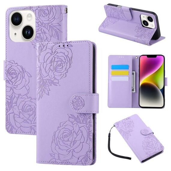 Custodia in pelle con 3 scomparti per carte di credito e motivo a rose in rilievo per iPhone 14/13 (viola)