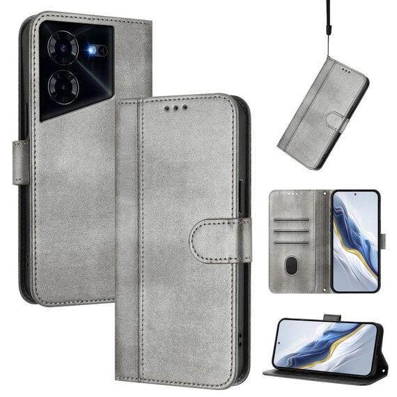 Custodia per telefono in pelle retrò con fibbia a giunzione per Tecno Pova 5 Pro 5G (grigio)