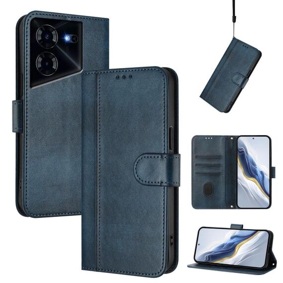 Custodia in pelle retrò con fibbia a 5 linee per Tecno Pova (blu scuro)