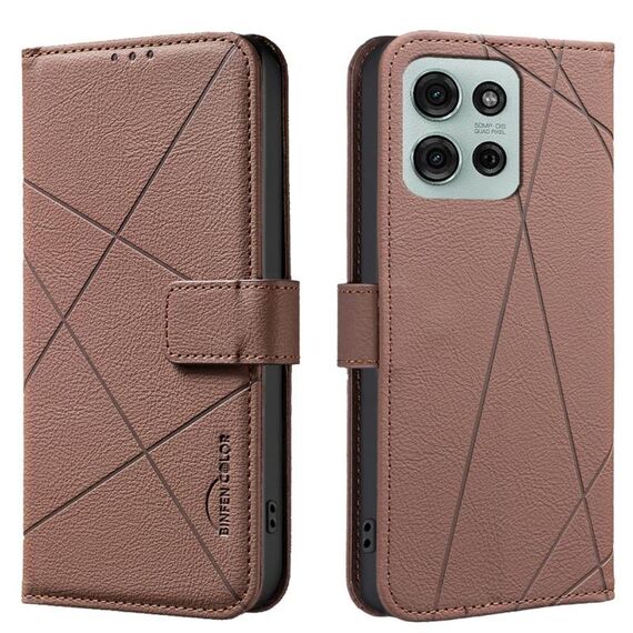 Custodia in pelle con motivo geometrico RFID per Motorola Moto G75 (marrone)