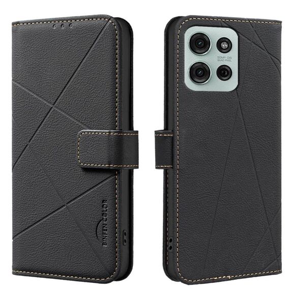 Custodia in pelle con motivo geometrico RFID per Motorola Moto G75 (nera)
