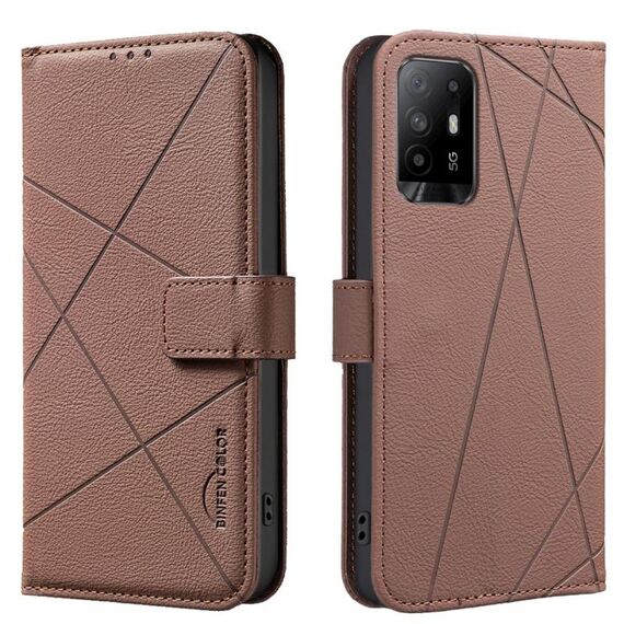 Custodia in pelle con motivo geometrico RFID per OPPO A94 5G / F19 Pro+ / Reno5 Z 5G (marrone)
