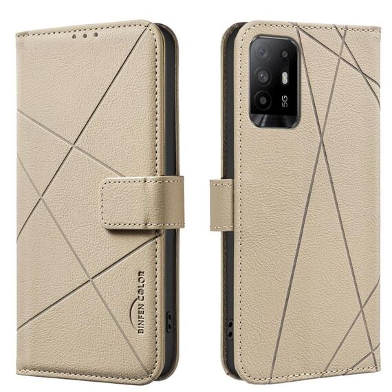 Custodia in pelle con motivo geometrico RFID per OPPO A94 5G / F19 Pro+ / Reno5 Z 5G (beige)