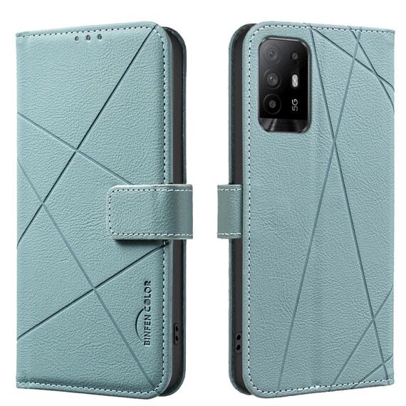 Custodia in pelle con motivo geometrico RFID per OPPO A94 5G / F19 Pro+ / Reno5 Z 5G (verde)