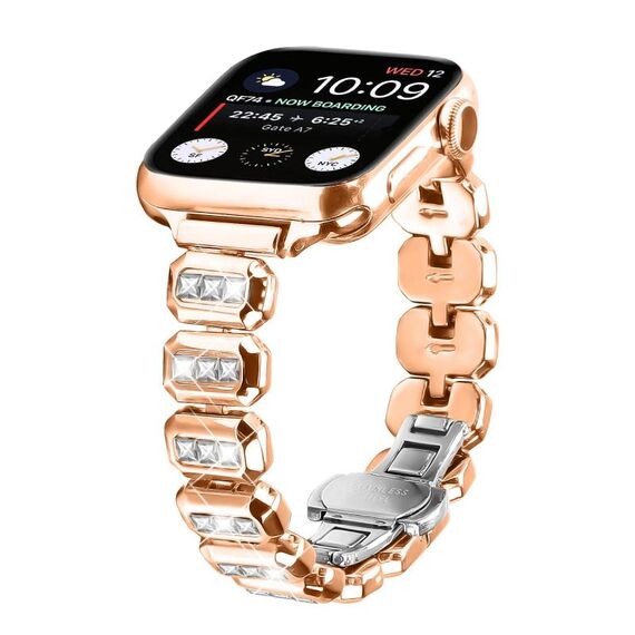 Cinturino per Apple Watch 46 mm / 49 mm / 45 mm / 44 mm con fibbia a farfalla e piccoli diamanti quadrati (oro rosa)
