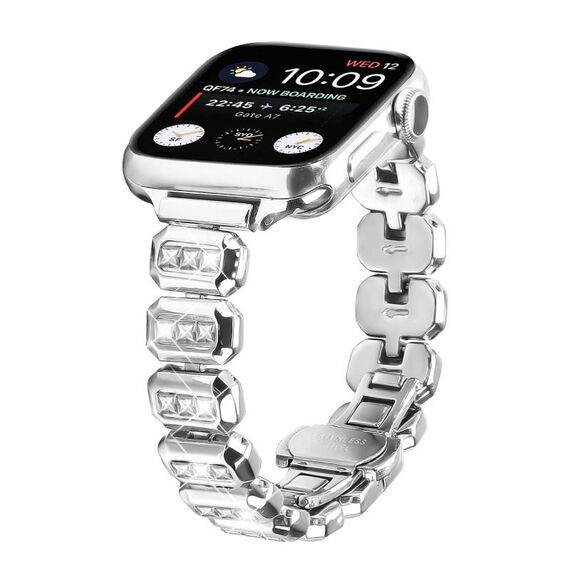 Cinturino per Apple Watch da 46 mm / 49 mm / 45 mm / 44 mm con fibbia a farfalla e piccoli diamanti quadrati (argento)