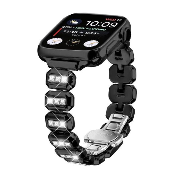 Cinturino per Apple Watch 42 mm / 41 mm / 40 mm / 38 mm con fibbia a farfalla e piccoli diamanti quadrati (nero)