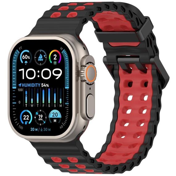 Cinturino per Apple Watch 46mm / 49mm / 45mm / 44mm in silicone bicolore con doppia fila di fori (nero e rosso)