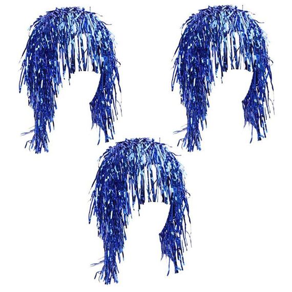 3 pezzi Parrucche da discoteca per cosplay, cappellini da festa lucidi con lamina e decorazioni divertenti per feste (blu zaffiro)