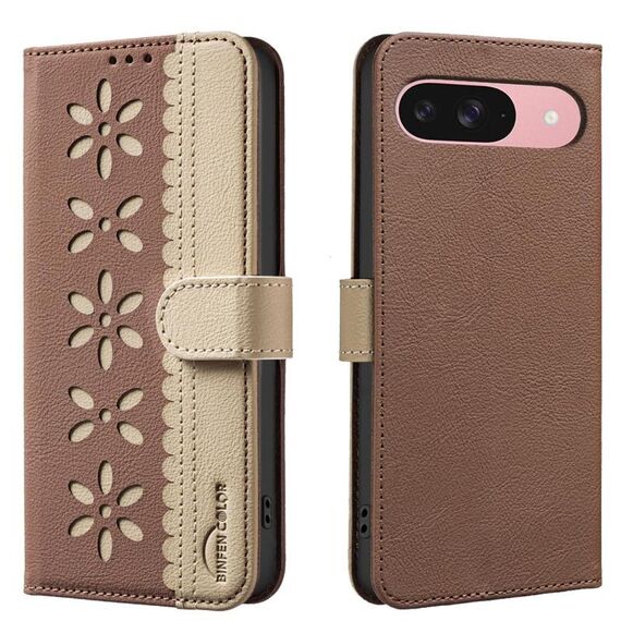 For Google Pixel 8 Pro Splicing Color Hollow Flower Pattern RFID Leather Phone Case(Brown)
