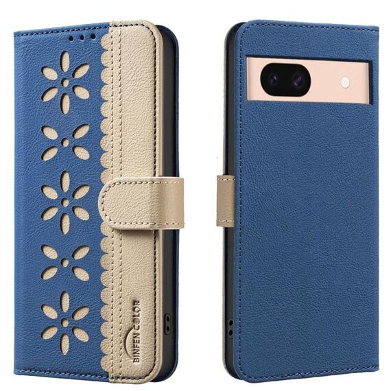 For Google Pixel 8A Splicing Color Hollow Flower Pattern RFID Leather Phone Case(Dark Blue)