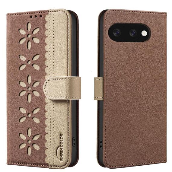 For Google Pixel 9a Splicing Color Hollow Flower Pattern RFID Leather Phone Case(Brown)