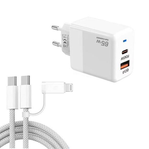 Caricabatterie PD41 GaN PD 45W + USB con cavo dati USB-C a USB-C/8 pin per iPhone, spina UE (bianco)