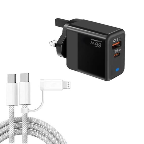 Caricabatterie PD41 GaN PD 45W + USB con cavo dati USB-C a USB-C/8 pin per iPhone, spina UK (nero)