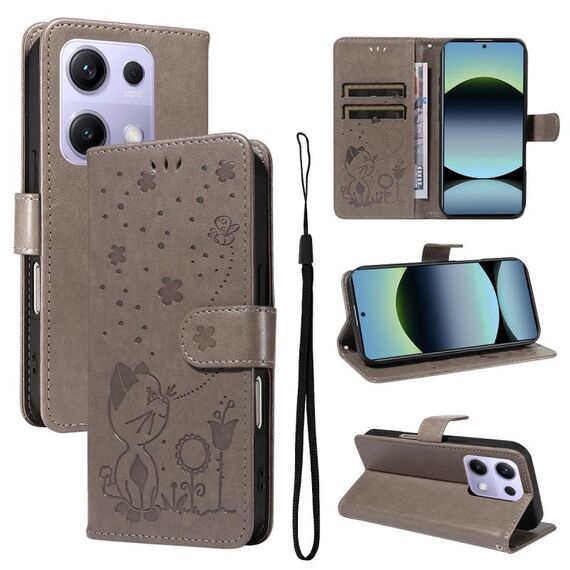For Redmi Note 14S 4G / Note 13 Pro 4G Cat and Bee Embossed Flip Leather Phone Case(Grey)
