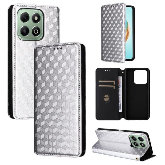 For Honor X6b 4G Cubic Grid Texture Flip Leather Phone Case(Silver)