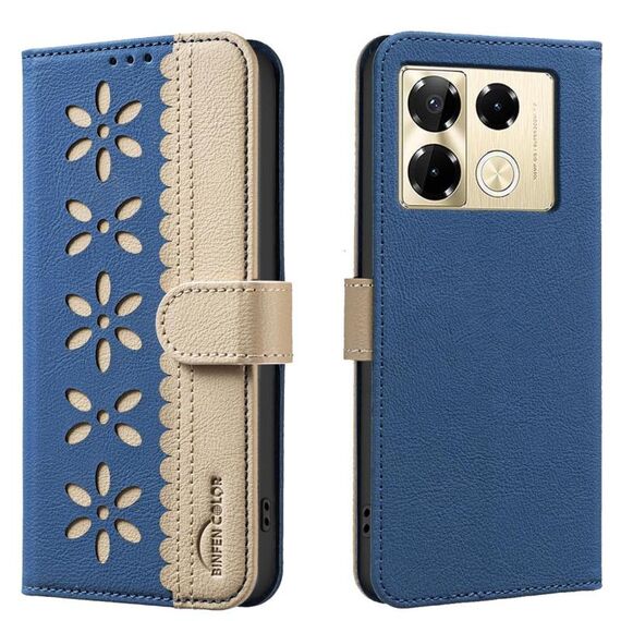 For Infinix Note 40 Pro / 40 Pro+ Splicing Color Hollow Flower Pattern RFID Leather Phone Case(Dark Blue)