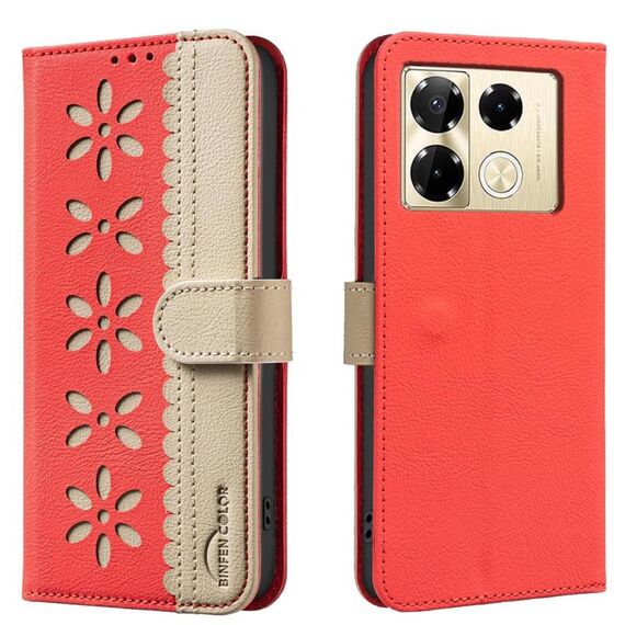 For Infinix Note 40 Pro / 40 Pro+ Splicing Color Hollow Flower Pattern RFID Leather Phone Case(Red)