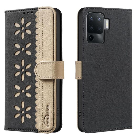 For OPPO A94 4G / Reno5 F / F19 Pro Splicing Color Hollow Flower Pattern RFID Leather Phone Case(Black)