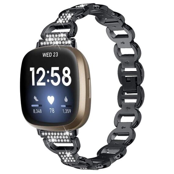 Cinturino in acciaio inossidabile ovale con diamanti per Fitbit Versa 3 (nero)