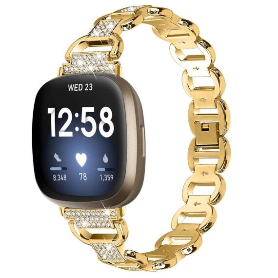Cinturino in acciaio inossidabile ovale con diamanti per Fitbit Versa 3 (oro)