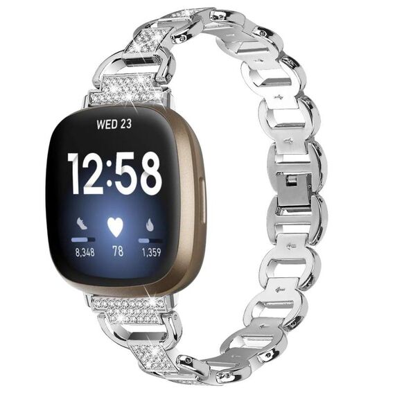 Cinturino in acciaio inossidabile ovale con diamanti per Fitbit Versa 3 (argento)