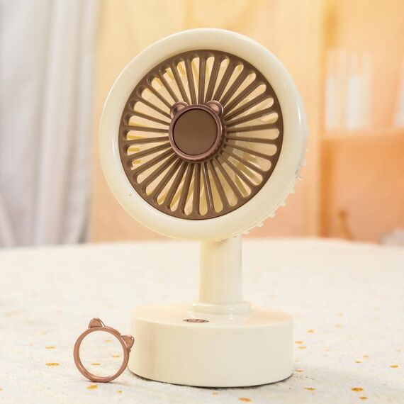 Ventilatore da tavolo USB per studenti, piccolo, con orecchie di animale sostituibili, batteria al litio multi-velocità, silenzioso, colore: orso beige
